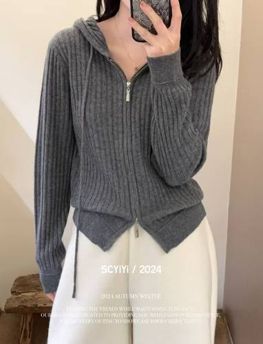 100山羊绒抽绳连帽坑条拉链长袖套头羊绒衫针织衫