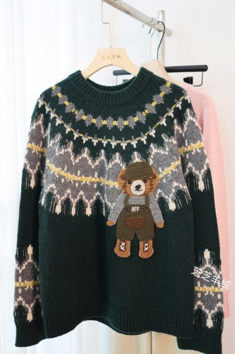 100%纯山羊绒衫圆领提花费尔岛卡通小熊长袖羊绒针织衫毛衣宽松