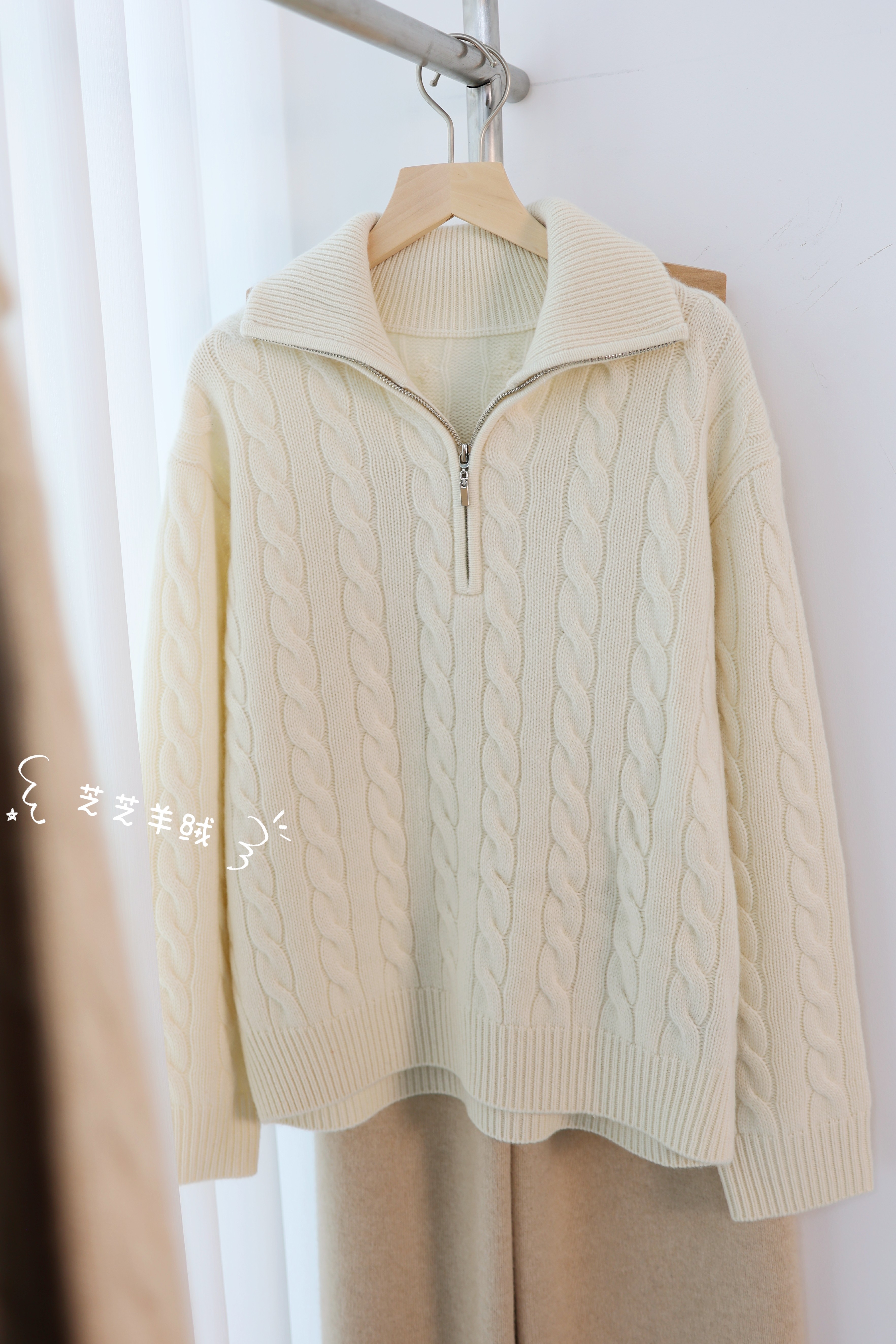 100%纯山羊绒衫半拉链麻花翻领高领长袖套头针织衫宽松休闲毛衣