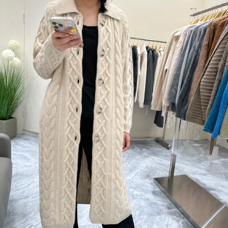 高端奢华百分百纯山羊绒衫翻领单排扣大开衫针织衫大衣外套图片