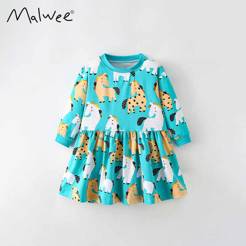 女童长袖连衣裙秋装新款小女孩洋气可爱印花圆领纯棉欧美儿童裙子