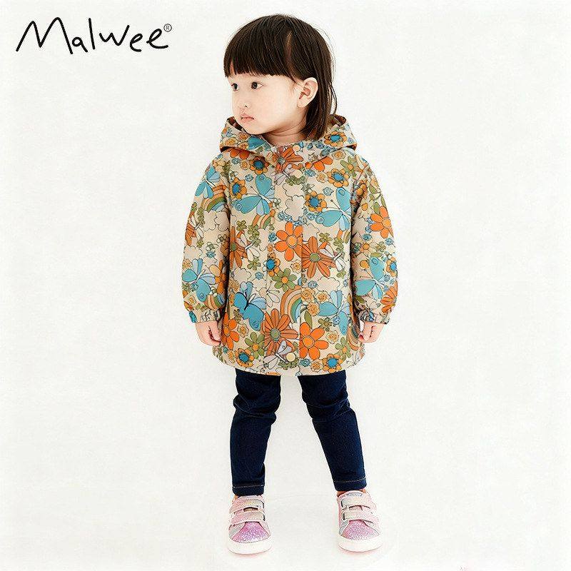 跨境malwee女童加厚外套秋冬新款欧美中小童连帽开衫长袖潮童风衣