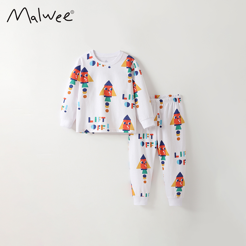 malwee男童家居服秋冬新款欧美中小童套装休闲圆领长袖两件套睡衣