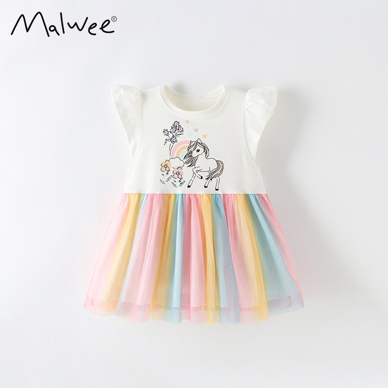 女童短款连衣裙夏季新款时髦洋气儿童圆领小飞袖公主网纱小短裙