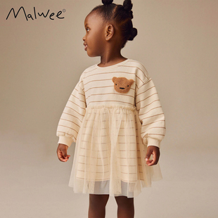 跨境malwee女童条纹连衣裙秋冬新款 可爱公主裙 欧美中小童圆领长袖