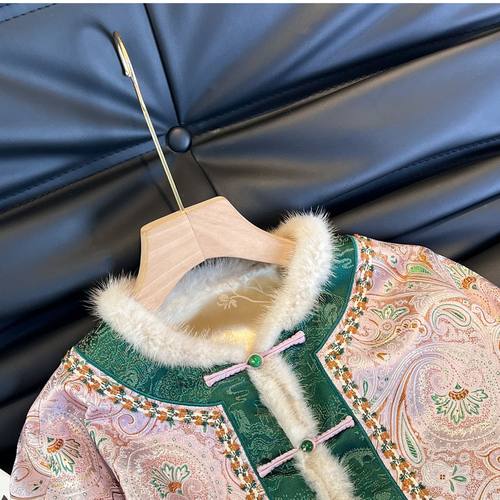 新中式国风提花拼接毛袖外套女冬款复古加厚盘扣唐装上衣