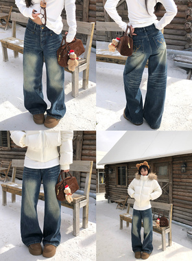Adan 裤型超正 加绒刺绣阔腿牛仔裤冬季韩系复古休闲直筒裤女