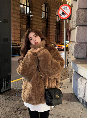 Adan 立领托卡毛毛外套冬季新款韩版宽松加厚咖色保暖长袖上衣女