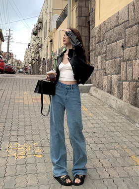 Adan 韩版百搭牛仔裤2024春秋季宽松显瘦高腰水洗休闲直筒裤女