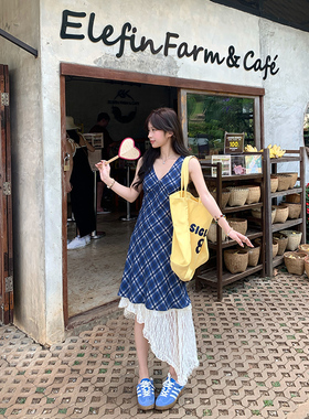 Adan蓝格纹背心裙夏季韩系显瘦气质V领百搭收腰无袖法式连衣裙女