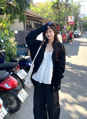 Adan 黑色V领开衫秋季新款韩系宽松百搭显瘦休闲慵懒长袖外套女