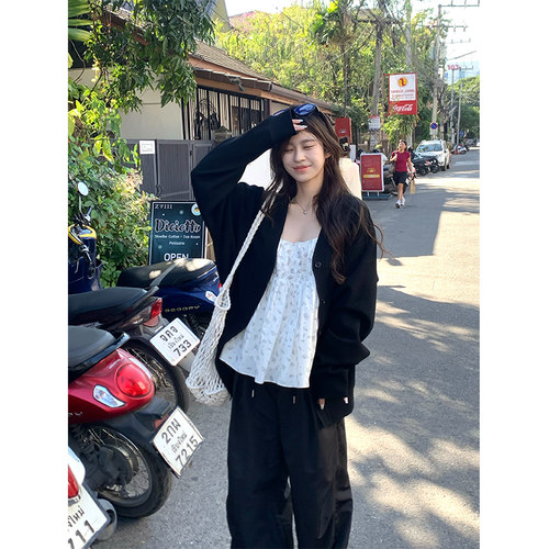Adan 黑色V领开衫春季新款韩系宽松百搭显瘦休闲慵懒长袖外套女