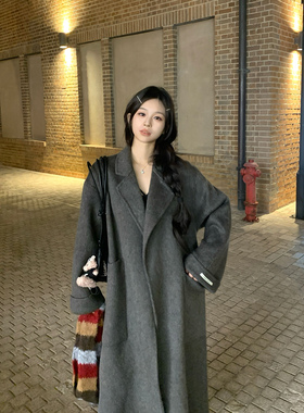 Adan 西装领灰色手工大衣冬季韩系宽松百搭长款双面呢羊毛外套女