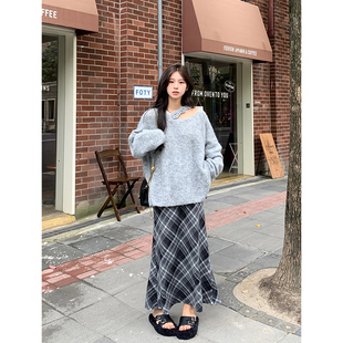 Adan 高腰显瘦百搭气质通勤A字鱼尾裙女 灰色格纹半身裙秋冬韩版