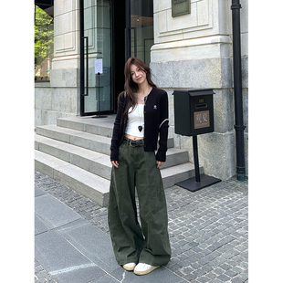 复古韩系宽松休闲显瘦百搭设计感阔腿裤 Adan 秋季 裤 女 军绿色工装