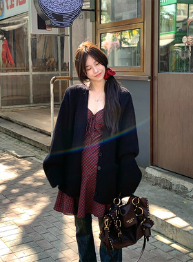 Adan 黑色毛衣外套秋季韩系复古宽松百搭慵懒加厚休闲针织开衫女