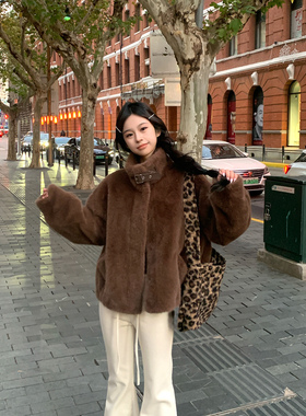 Adan皮扣毛毛外套冬季韩系复古气质百搭慵懒加厚仿皮草夹克上衣女