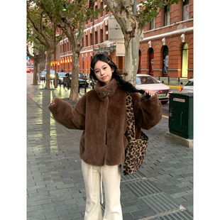 Adan皮扣毛毛外套冬季 韩系复古气质百搭慵懒加厚仿皮草夹克上衣女