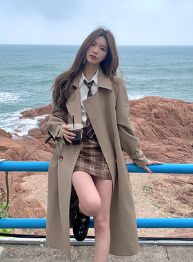 Adan斗篷风衣春秋韩版宽松百搭气质系带卡其色中双排扣长款外套女