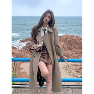 Adan斗篷风衣春秋韩版 外套女 宽松百搭气质系带卡其色中双排扣长款