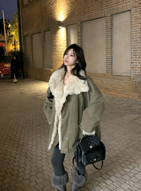 Adan大翻领托卡卷毛外套冬季韩系工装风休闲加厚加绒派克服夹克女