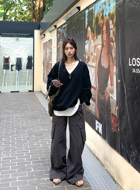 Adan 黑色V领卫衣春季韩版宽松显瘦百搭休闲慵懒长袖套头上衣女