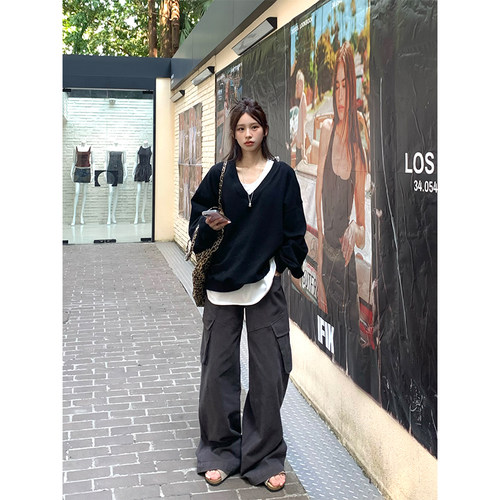 DDang 黑色V领卫衣秋季韩版宽松显瘦百搭休闲慵懒长袖套头上衣女