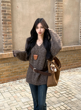 Adan 复古V领杂色毛衣秋季韩系宽松慵懒休闲羊毛针织打底上衣女