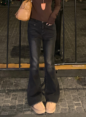 Adan烟灰色高腰修身加绒微喇牛仔裤秋冬新款美式弹力百搭喇叭裤女