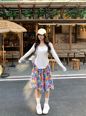 Adan 油画印花中裙夏季韩系气质宽松显瘦百搭中长款A字半身裙女