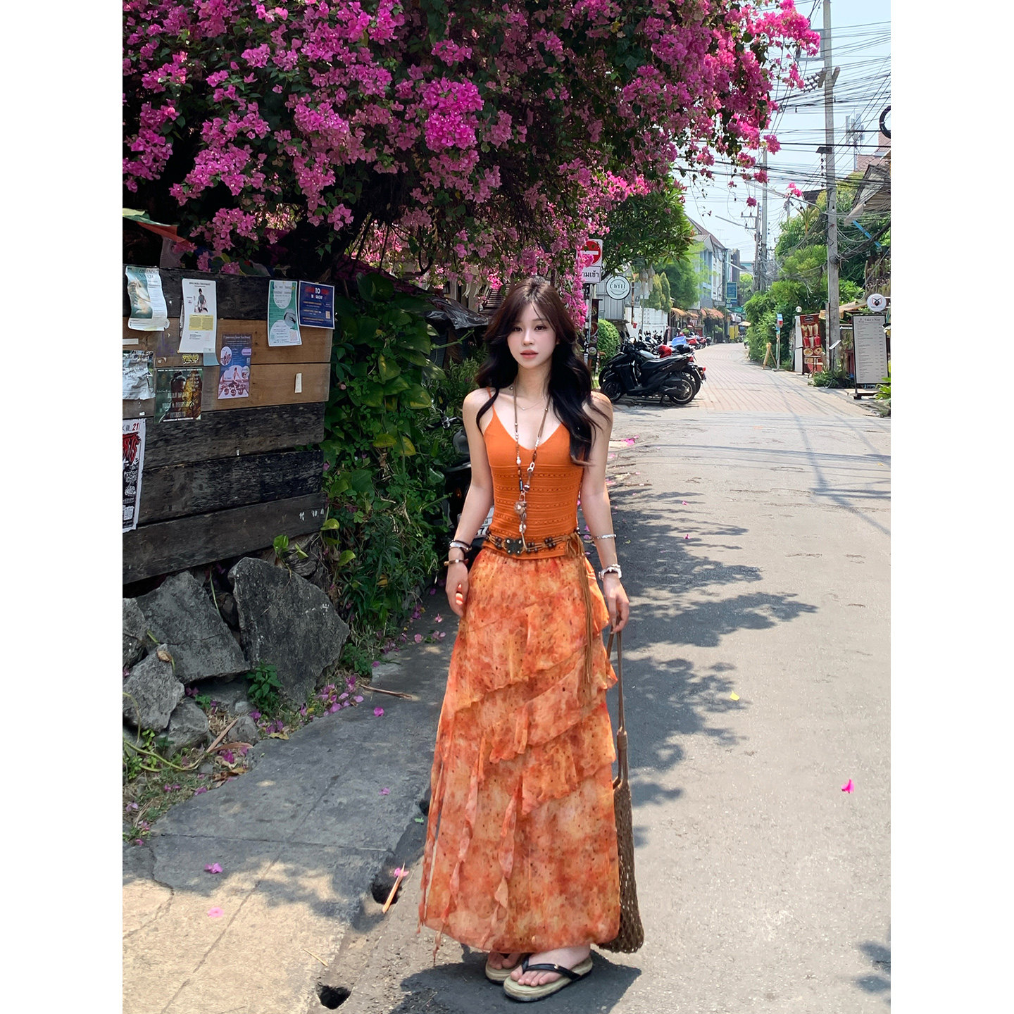 Adan橘色不规则碎花半身裙夏季韩系百搭设计感荷叶边长款A字裙女