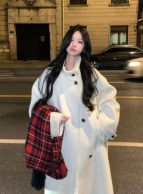 Adan 浪漫巴黎奶白色立领双面呢大衣冬季宽松慵懒羊毛毛呢外套女