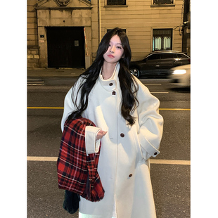 Adan 宽松慵懒羊毛毛呢外套女 浪漫巴黎奶白色立领双面呢大衣冬季