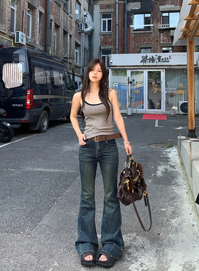 Adan 复古牛仔喇叭裤秋季韩系高腰显瘦百搭通勤弹力做旧休闲裤女