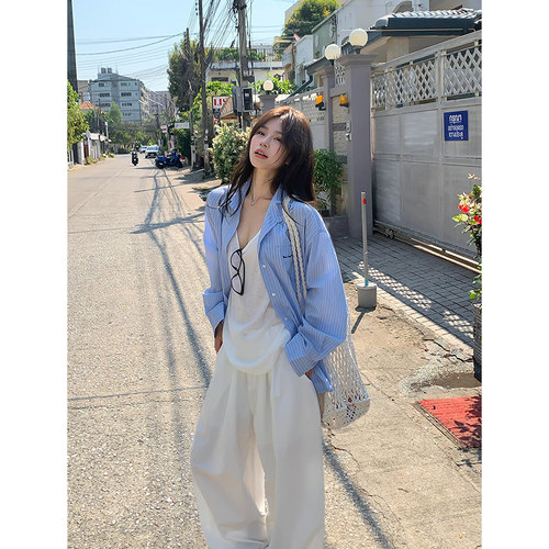 Adan条纹蓝色衬衫春夏韩系宽松休闲百搭慵懒刺绣字母防晒上衣女