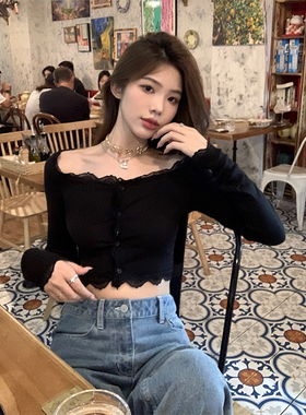 Adan纯欲风露肩蕾丝衫春秋韩版修身显瘦黑色莫代尔打底长袖上衣女