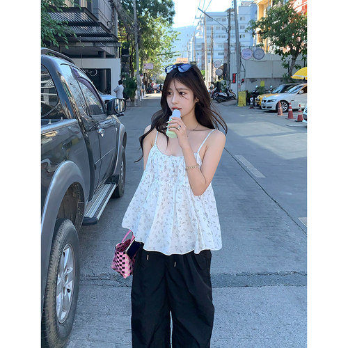 Adan 碎花短款吊带夏季新款甜美韩系宽松百搭叠穿纯棉打底上衣女