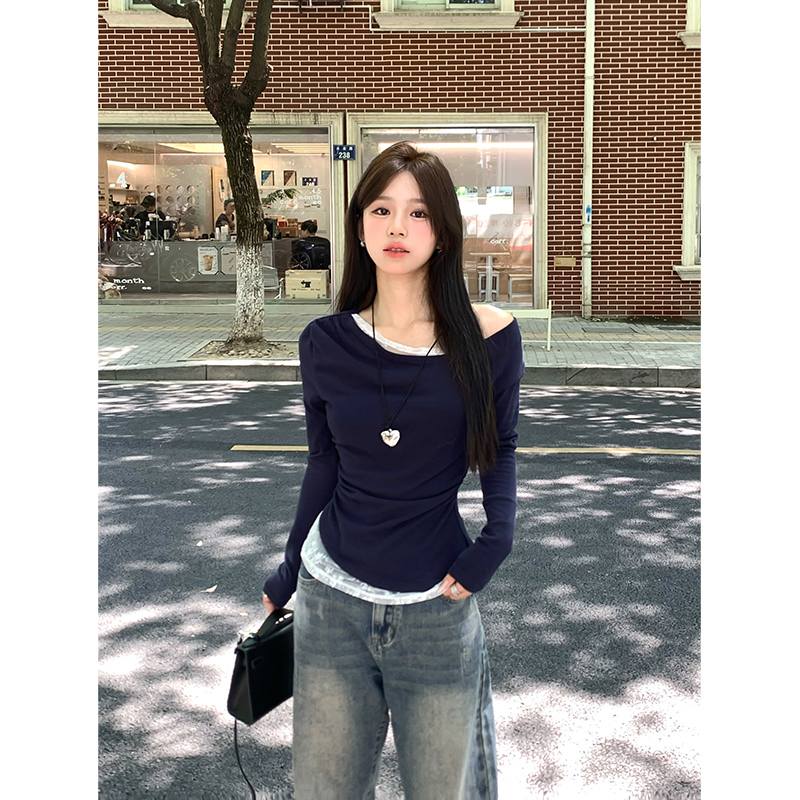 Adan蕾丝斜领露肩假两件上衣韩版收腰显瘦心机设计感长袖T恤女秋