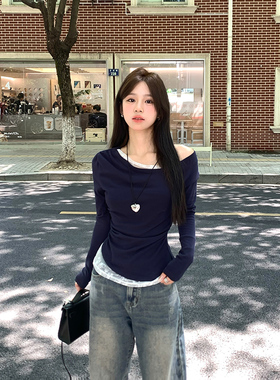 Adan蕾丝斜领露肩假两件上衣韩版收腰显瘦心机设计感长袖T恤女秋