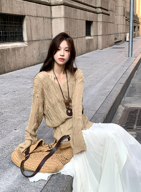 Adan镂空两件套毛衣秋季韩系宽松显瘦百搭挂脖背心长袖罩衫内搭女