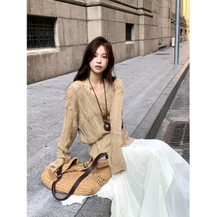 Adan镂空两件套毛衣秋季韩系宽松显瘦百搭挂脖背心长袖罩衫内搭女