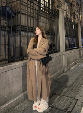 Adan仿水貂毛大翻领毛衣开衫时尚韩版加厚保暖宽松温柔长款外套女