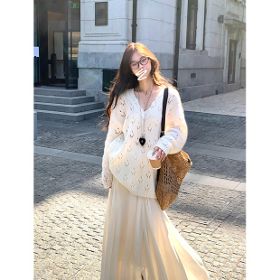 内搭针织上衣女 韩系宽松百搭羊毛休闲长袖 Adan 镂空V领毛衣秋季