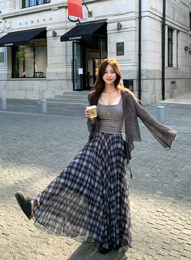 Adan格纹褶皱半身裙秋季温柔韩系显瘦宽松百搭设计感飘逸长款伞裙