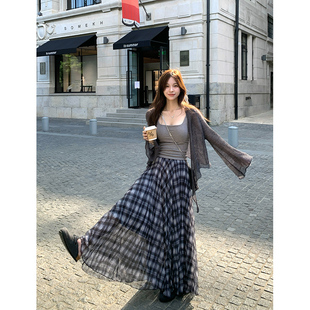 Adan格纹褶皱半身裙秋季 伞裙 温柔韩系显瘦宽松百搭设计感飘逸长款