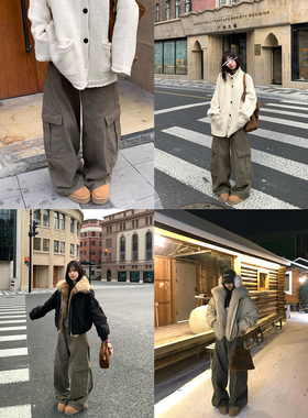 Adan 重工设计工装裤秋冬复古韩系休闲宽松显瘦百搭高腰阔腿裤女