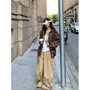 女 复古韩系通勤高腰显瘦百搭休闲慵懒阔腿裤 Adan卡其色山本裤 秋季