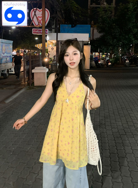 Adan 挂脖v领碎花连衣裙夏季韩系宽松显瘦显白气质雪纺吊带裙女