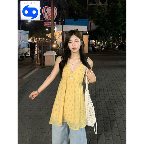 Adan 挂脖v领碎花连衣裙夏季韩系宽松显瘦显白气质雪纺吊带裙女