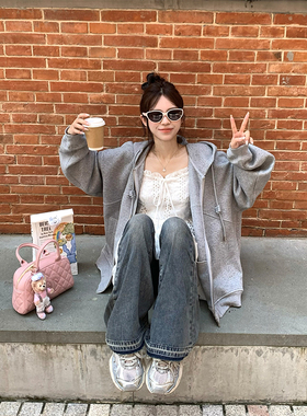 Adan高克重灰色空气层卫衣外套韩版宽松百搭休闲慵懒连帽上衣女秋